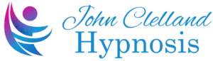 Logo of man in purple, pink and blue with the words John Clelland Hypnosis on white background